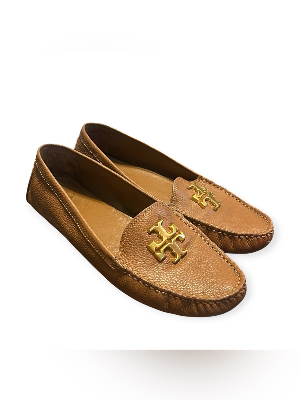 TORY BURCH 11 LOWELL 2 DRIVER - TUMBLED LEATHER driving loafer flats gold logo